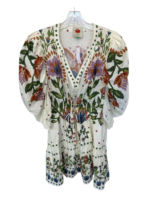 Farm Rio Size S Cream & Green Cotton Long Balloon Sleeve Botanical Dress Cream & Green / S