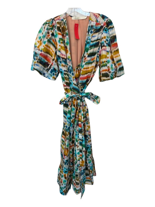 Marie Oliver Size M Multi Linen Blend Short Balloon Sleeve Tie Dye Wrap Dress Multi / M