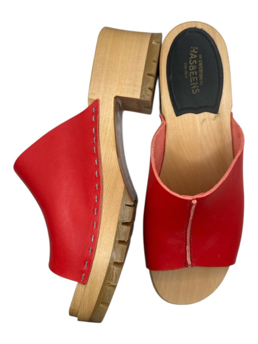 Hasbeens Shoe Size 38 Tan & Red Leather Wood Block Heel Mules Tan & Red / 38