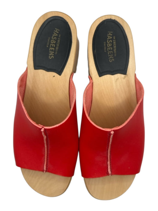 Hasbeens Shoe Size 38 Tan & Red Leather Wood Block Heel Mules Tan & Red / 38
