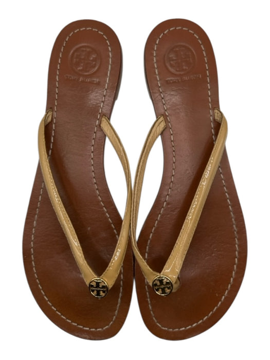 Tory Burch Shoe Size EST 8 Brown & Tan Patent Leather Thong Logo Flip Flops Brown & Tan / EST 8