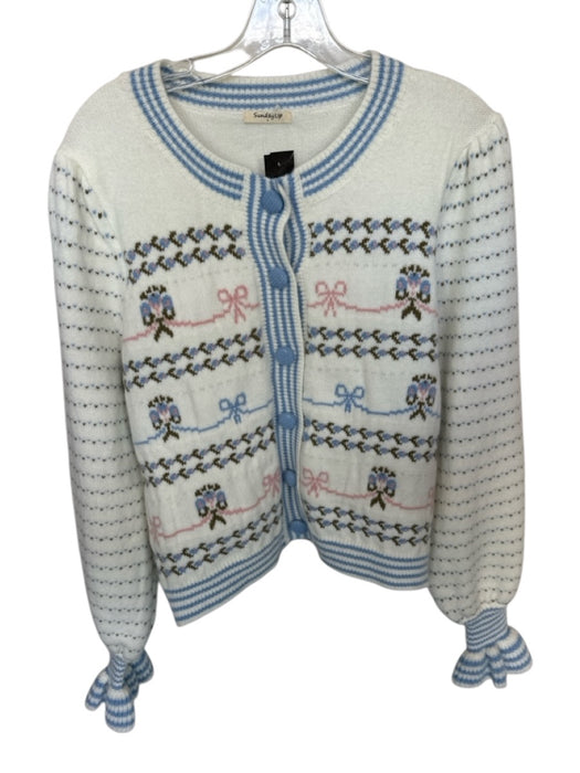 Sunday Up Size L White & Blue Polyester Button Up Bow Tie Long Sleeve Sweater White & Blue / L