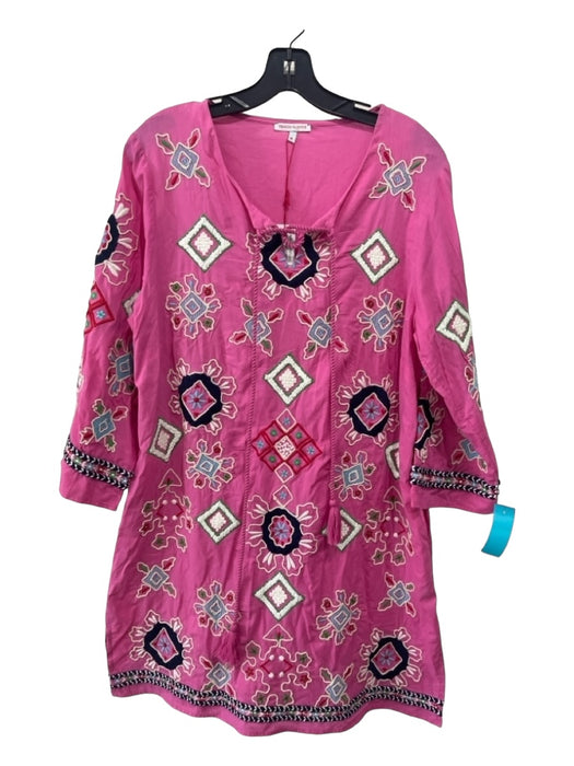 Frances Valentine Size M Pink & Multi Cotton Embroidered Geometric V Neck Dress Pink & Multi / M