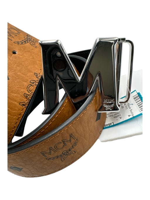 MCM Brown & Black Leather Monogram Wide silver hardware Logo Buckle Belts Brown & Black / XL