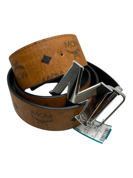 MCM Brown & Black Leather Monogram Wide silver hardware Logo Buckle Belts Brown & Black / XL