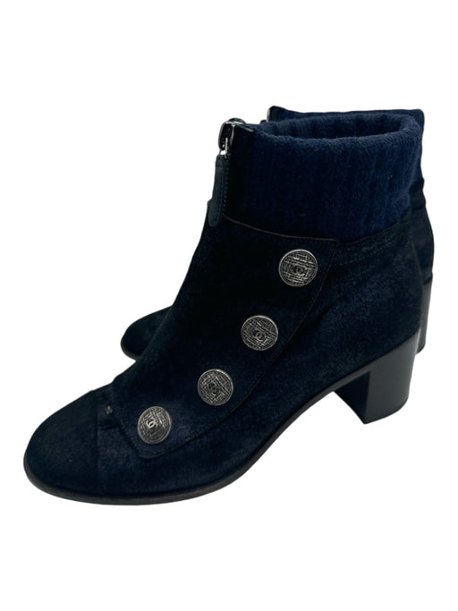 Chanel Shoe Size 38 Navy Suede round toe Ankle Silver Buckle Front Zip Booties Navy / 38