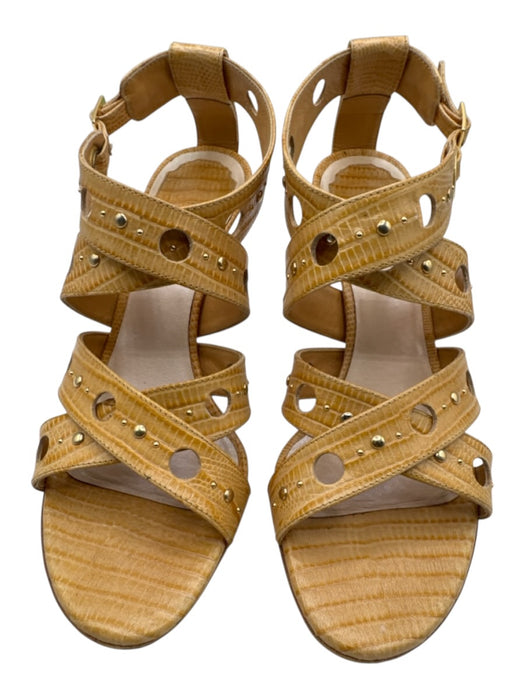 Dior Shoe Size 37 Yellow Tan Embossed Leather Ankle Buckle Stud Stiletto Sandals Yellow Tan / 37
