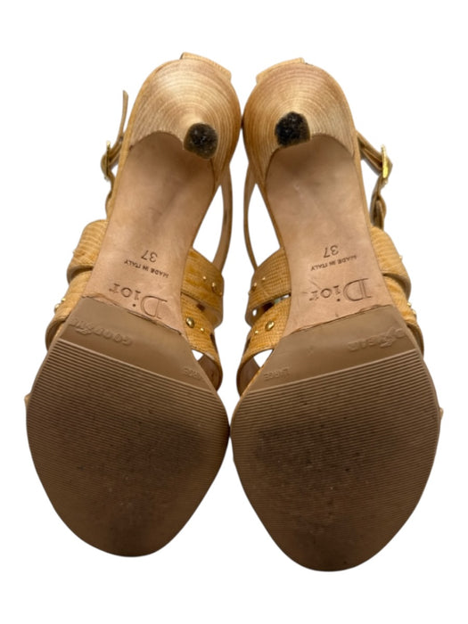 Dior Shoe Size 37 Yellow Tan Embossed Leather Ankle Buckle Stud Stiletto Sandals Yellow Tan / 37
