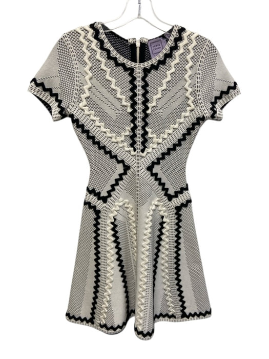 Herve Leger Size XS Black & White Rayon Blend Short Sleeve Zig Zag Knit Dress Black & White / XS