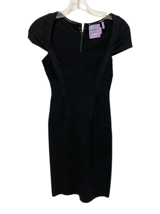 Herve Leger Size XS Black Rayon Blend Cap Sleeve Square Neck Bandage Dress Black / XS
