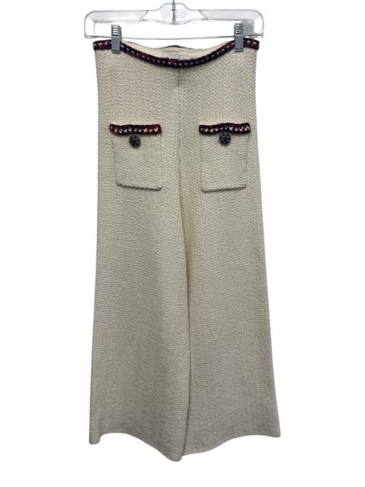 Self Portrait Size 2 Beige Cotton Blend Wide Leg High Waist Front Pocket Pants Beige / 2
