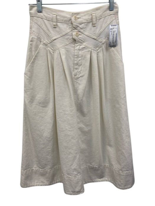 The Great Size 0 Cream White Cotton & Hemp Denim Button Pleat Detail Midi Skirt Cream White / 0