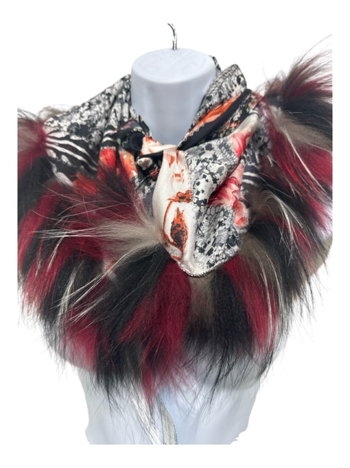 Roberto Cavalli Black Red & White Silk & Fur Fur Trim Stripe Detail Oblong scarf Black Red & White / XS