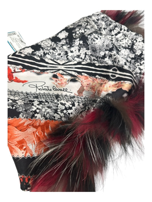 Roberto Cavalli Black Red & White Silk & Fur Fur Trim Stripe Detail Oblong scarf Black Red & White / XS