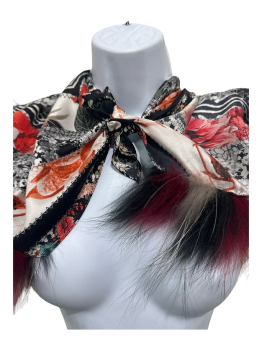 Roberto Cavalli Black Red & White Silk & Fur Fur Trim Stripe Detail Oblong scarf Black Red & White / XS