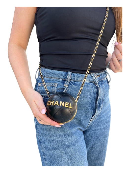 Chanel Black Leather Gold hardware Quilted Sphere Crossbody Bag Black / Mini