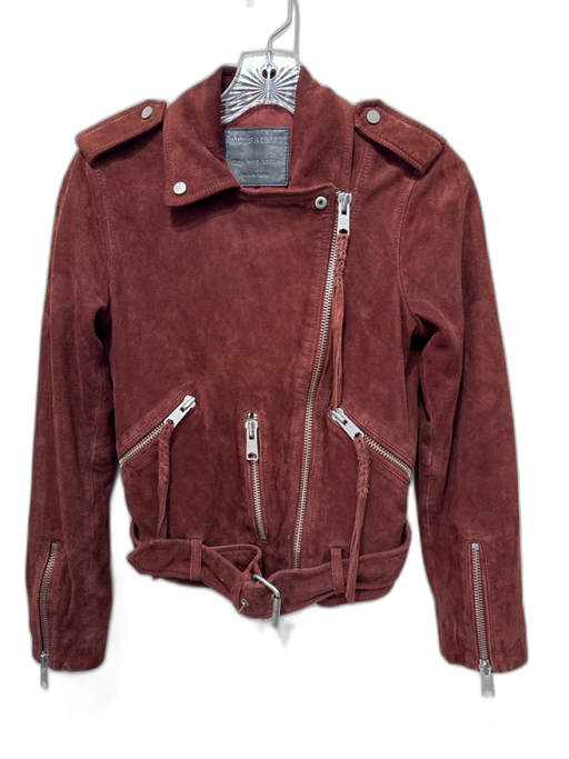 ALLSAINTS Size 2 Brown Goat Leather Full ZIp Belted Moto Jacket Brown / 2