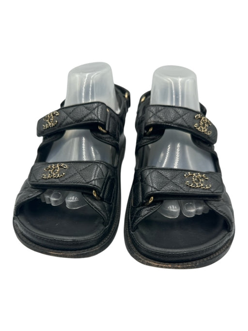 Chanel Shoe Size 39.5 Black Leather Quilted Velcro Straps Slingback Flat Sandals Black / 39.5