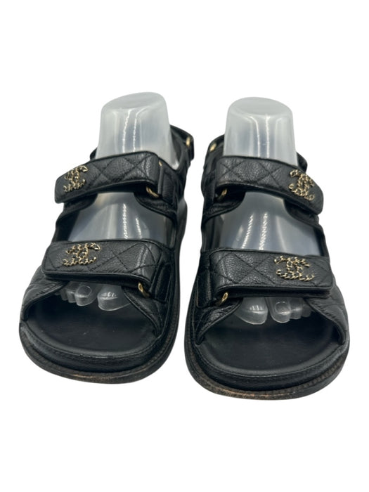 Chanel Shoe Size 39.5 Black Leather Quilted Velcro Straps Slingback Flat Sandals Black / 39.5