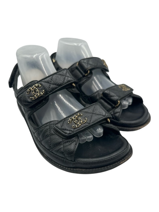 Chanel Shoe Size 39.5 Black Leather Quilted Velcro Straps Slingback Flat Sandals Black / 39.5