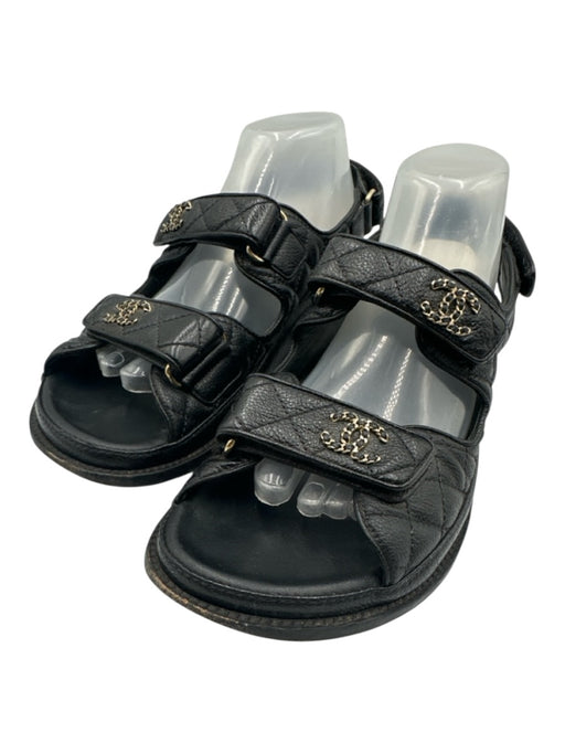 Chanel Shoe Size 39.5 Black Leather Quilted Velcro Straps Slingback Flat Sandals Black / 39.5