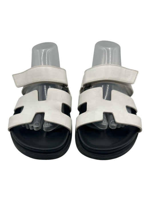 Hermes Shoe Size 41 White & Black Leather Velcro Strap H Cut Slides Sandals White & Black / 41