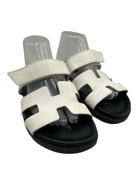Hermes Shoe Size 41 White & Black Leather Velcro Strap H Cut Slides Sandals White & Black / 41