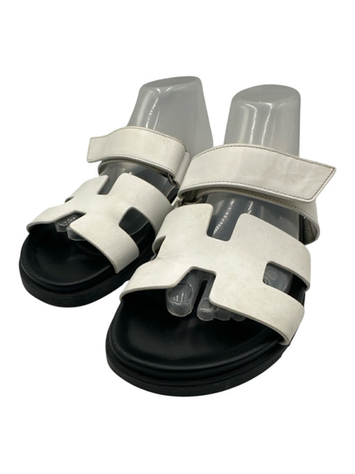 Hermes Shoe Size 41 White & Black Leather Velcro Strap H Cut Slides Sandals White & Black / 41