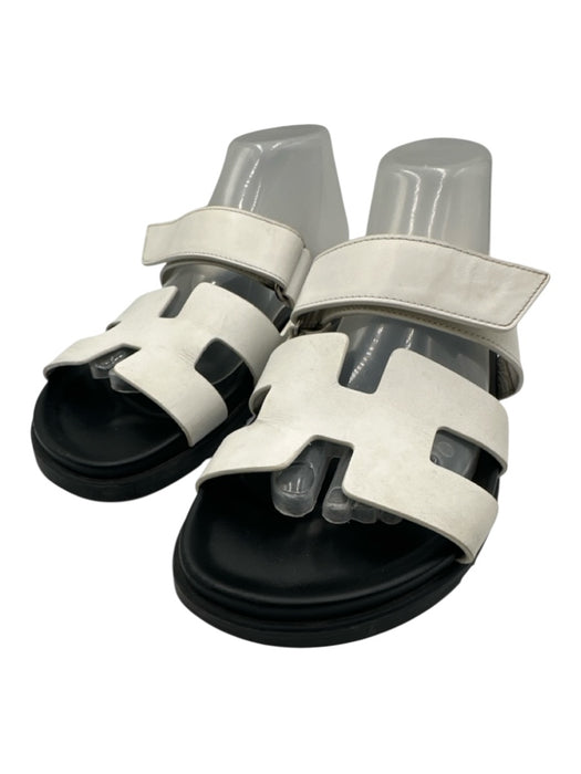 Hermes Shoe Size 41 White & Black Leather Velcro Strap H Cut Slides Sandals White & Black / 41