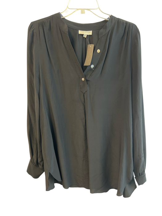 Annie Griffin Size L Black Silk Long Sleeve V Neck 3 Button Tunic Top Black / L