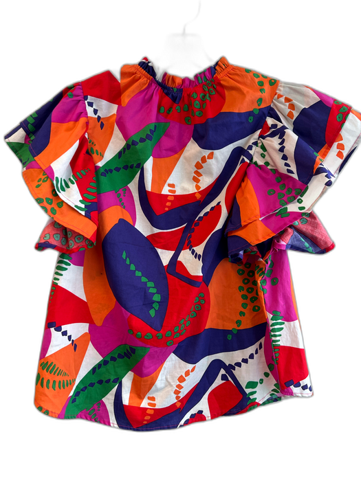 Ces Femme Size Small Multi Cotton Abstract Print Flutter Sleeve high neck Top Multi / Small