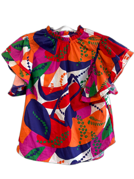 Ces Femme Size Small Multi Cotton Abstract Print Flutter Sleeve high neck Top Multi / Small