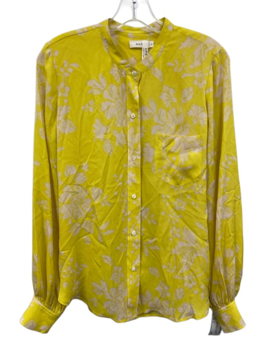 A.L.C. Size 2 Yellow & White Silk Long Sleeve Floral Collarless Button up Top Yellow & White / 2