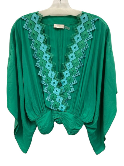 Ramy Brook Size S Green & Light Blue Polyester Batwing Embroidered Detail Top Green & Light Blue / S