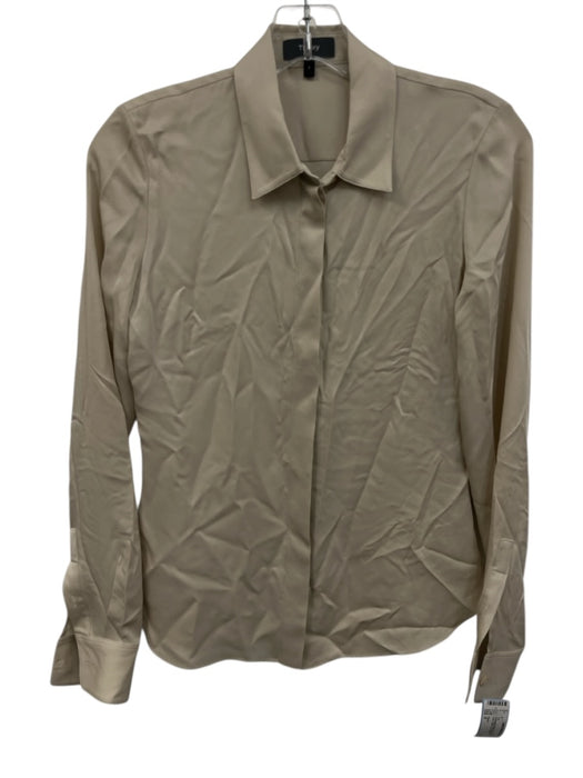 Theory Size P Champagne Beige Silk Long Sleeve Collar Button Up Top Champagne Beige / P
