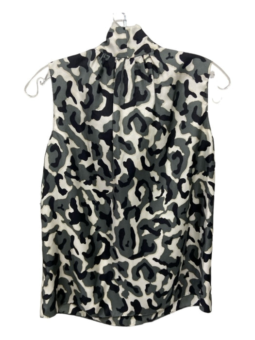 Theory Size P Green Black White Silk Camo V Neck Sleeveless Tie Neck Top Green Black White / P