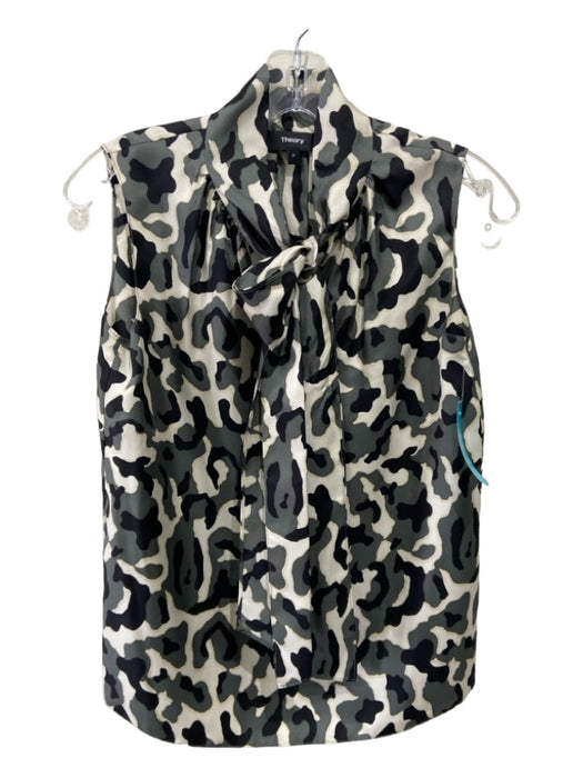 Theory Size P Green Black White Silk Camo V Neck Sleeveless Tie Neck Top Green Black White / P