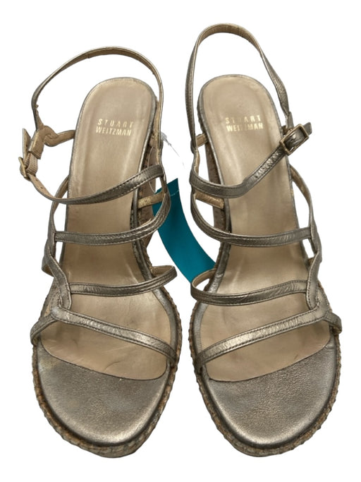 Stuart Weitzman Shoe Size 8.5 Pewter & Beige Leather open toe Strappy Wedges Pewter & Beige / 8.5