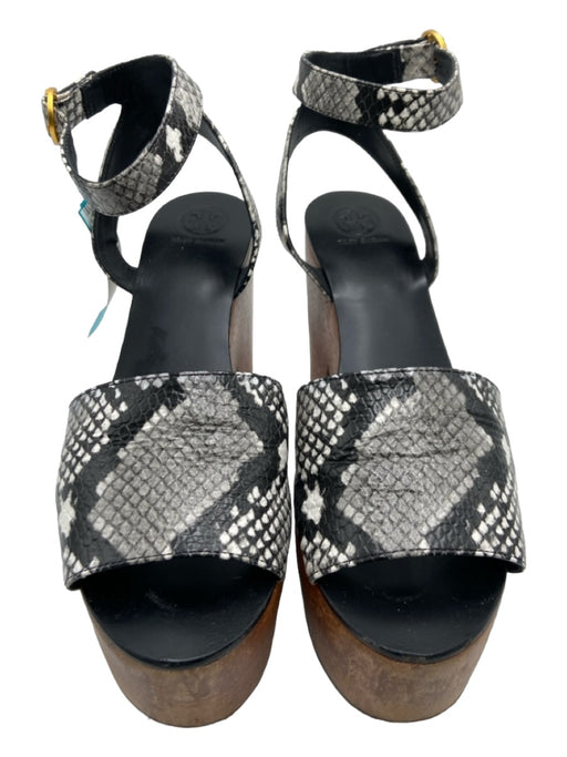 Tory Burch Shoe Size 9 Brown & Gray Leather Snake Open Toe Ankle Buckle Wedges Brown & Gray / 9