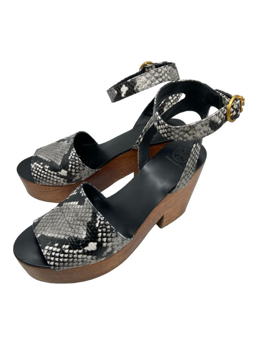 Tory Burch Shoe Size 9 Brown & Gray Leather Snake Open Toe Ankle Buckle Wedges Brown & Gray / 9