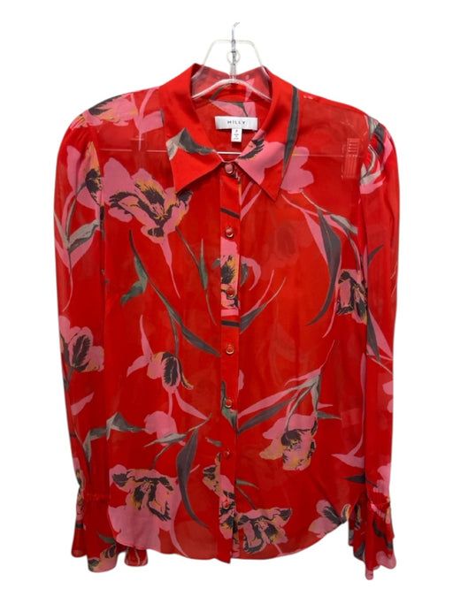 Milly Size P/0 Red & Pink Rayon Tiered Floral Button Down Mini Skirt Set Red & Pink / P/0