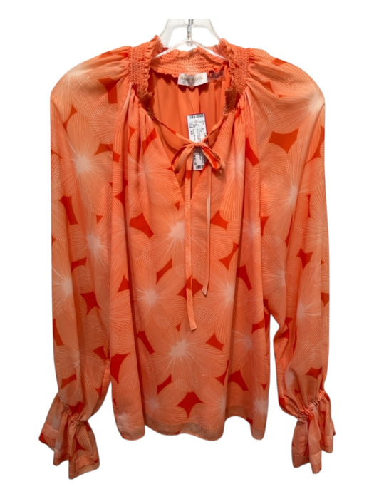 Ramy Brook Size XS Orange & White Polyester Long Sleeve Floral Elastic Cuff Top Orange & White / XS