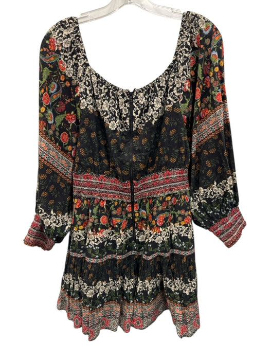 Alice + Olivia Size 12 Black, Red, Green Cotton Shirred Floral Above Knee Dress Black, Red, Green / 12