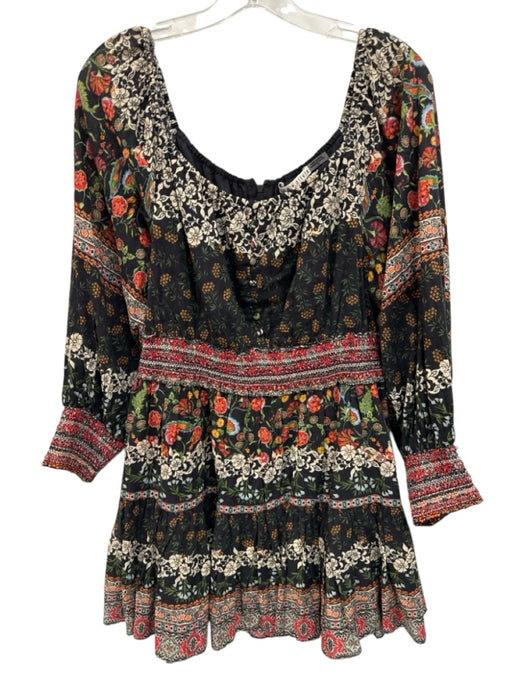 Alice + Olivia Size 12 Black, Red, Green Cotton Shirred Floral Above Knee Dress Black, Red, Green / 12