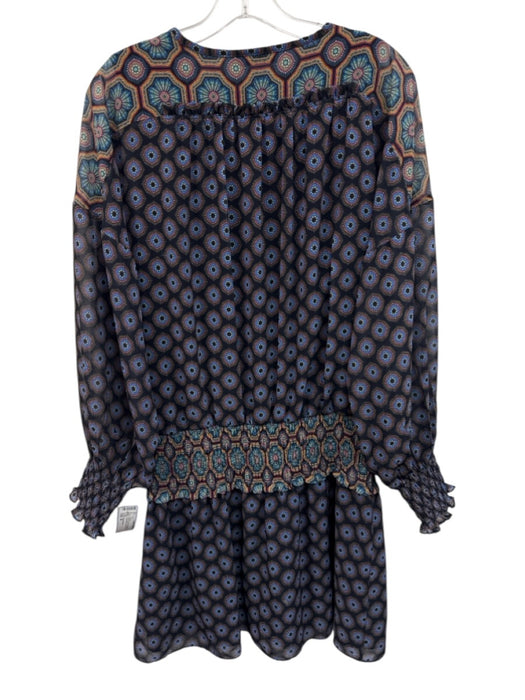 Ramy Brook Size M Blue & Multi Polyester Shirred Waist Geometric V Neck Dress Blue & Multi / M