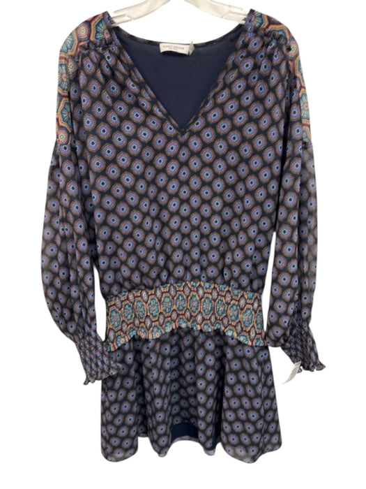 Ramy Brook Size M Blue & Multi Polyester Shirred Waist Geometric V Neck Dress Blue & Multi / M