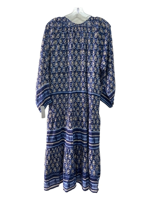 Bell by Alica Bell Size XL Blue & Beige Cotton 1/2 Button Drawstring Waist Dress Blue & Beige / XL