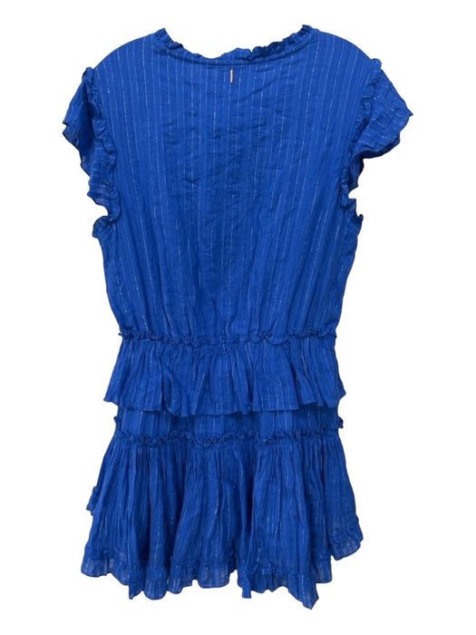 Misa Size L Blue Cotton Metallic Thread Tiered Cap Sleeve Ruffle Detail Dress Blue / L