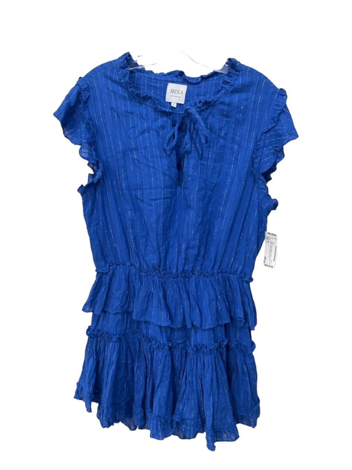 Misa Size L Blue Cotton Metallic Thread Tiered Cap Sleeve Ruffle Detail Dress Blue / L