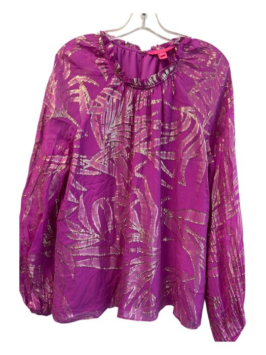 Lily Pulitzer Size Large Purple & Gold Silk Metallic Thread Ruffle Collar Top Purple & Gold / Large